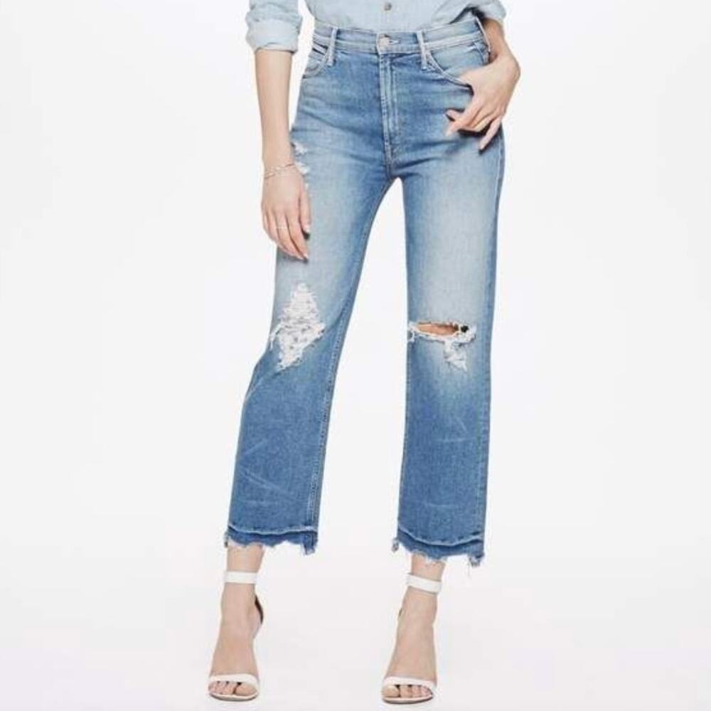 Mother The Maverick Chew Medium Wash Distressed Cotton Blend Jeans • Size 26